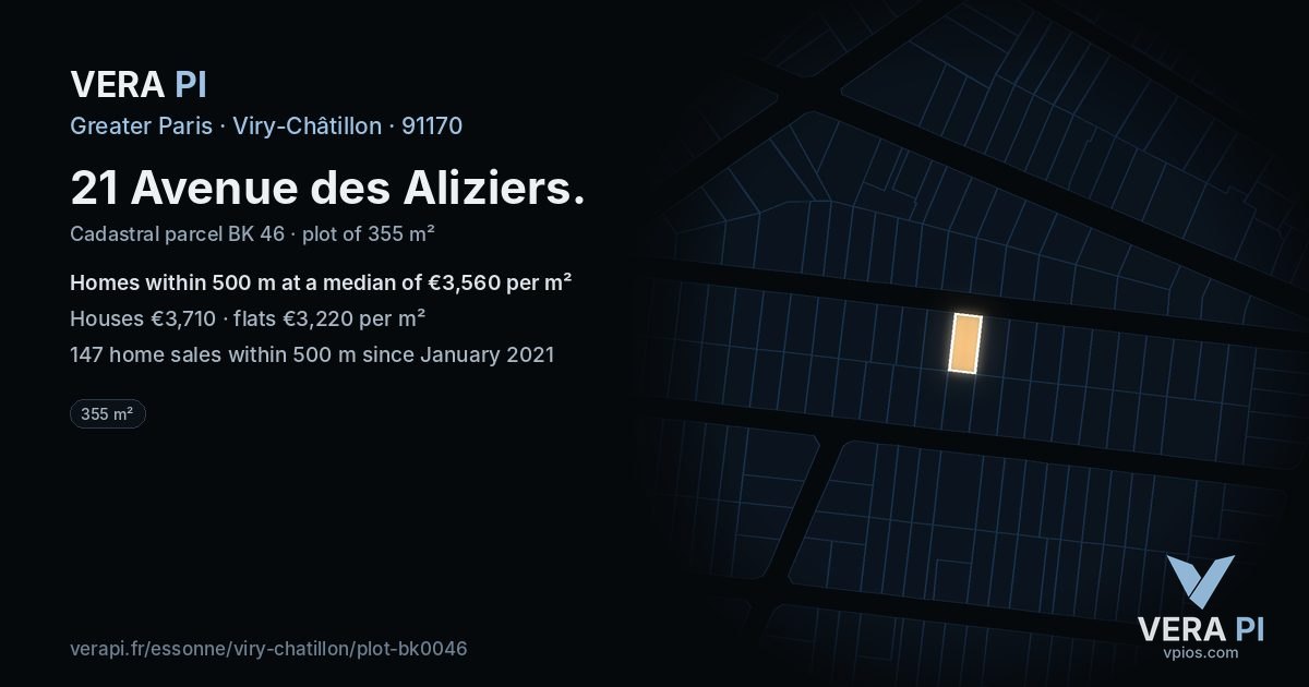 21 Avenue des Aliziers, Viry-Châtillon at night – the plot lit, the parcels around coloured by the prices near them