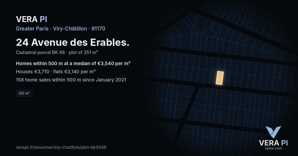 24 Avenue des Erables, Viry-Châtillon at night – the plot lit, the parcels around coloured by the prices near them