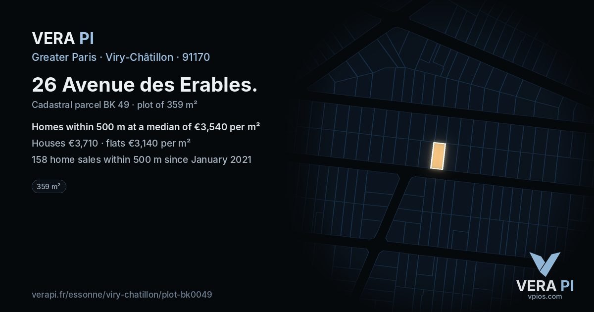 26 Avenue des Erables, Viry-Châtillon at night – the plot lit, the parcels around coloured by the prices near them