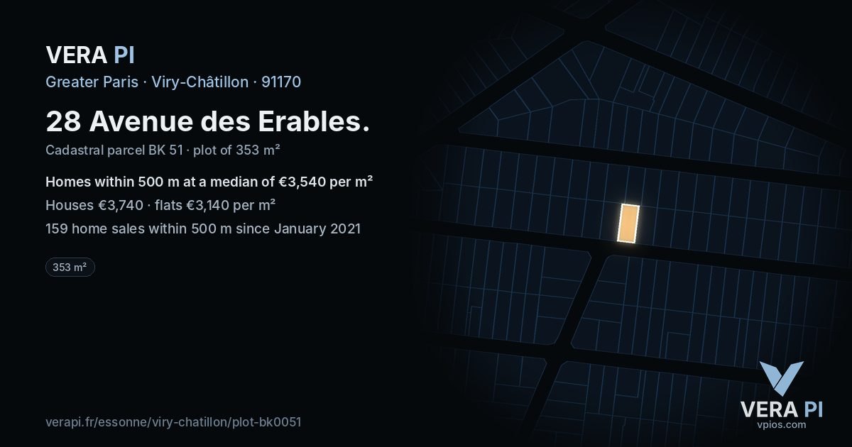28 Avenue des Erables, Viry-Châtillon at night – the plot lit, the parcels around coloured by the prices near them