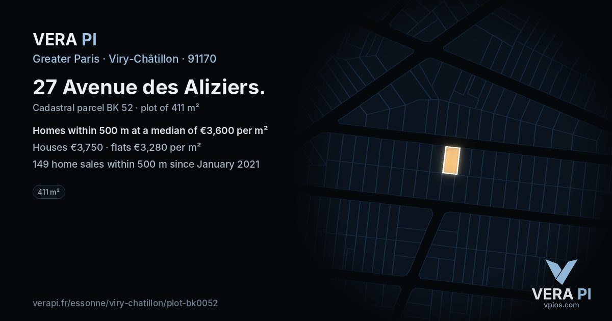 27 Avenue des Aliziers, Viry-Châtillon at night – the plot lit, the parcels around coloured by the prices near them