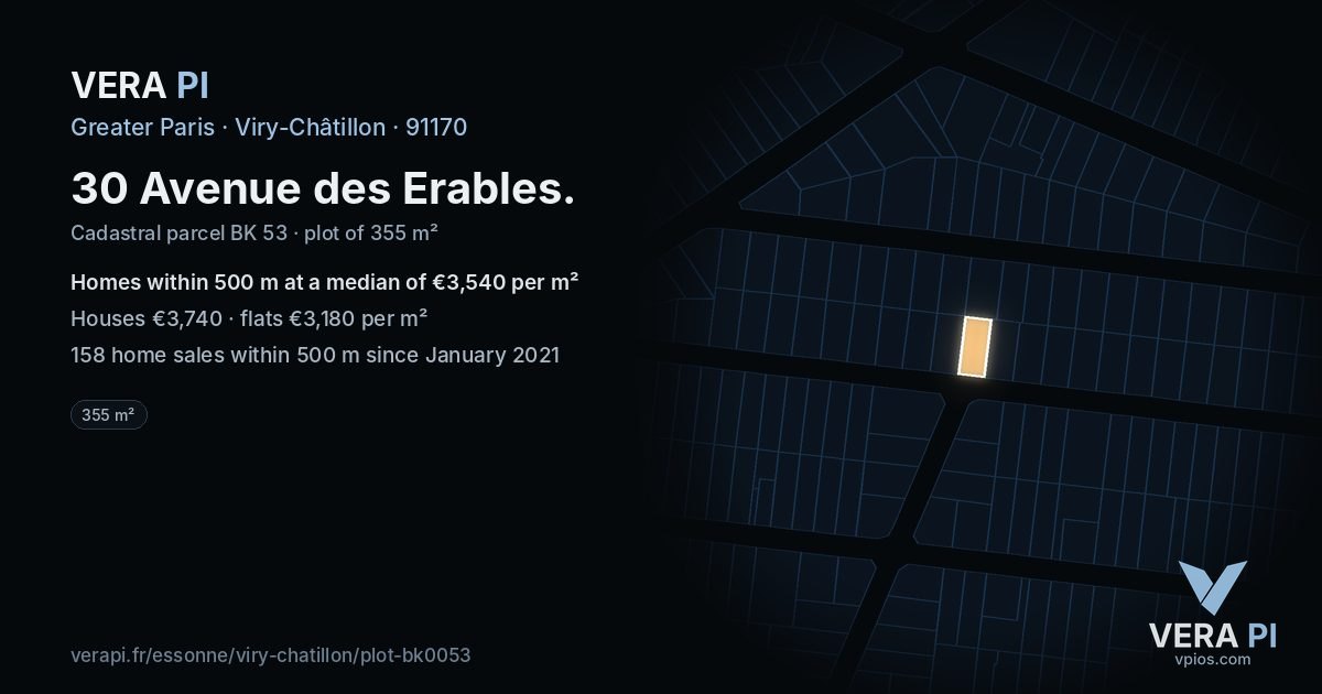 30 Avenue des Erables, Viry-Châtillon at night – the plot lit, the parcels around coloured by the prices near them