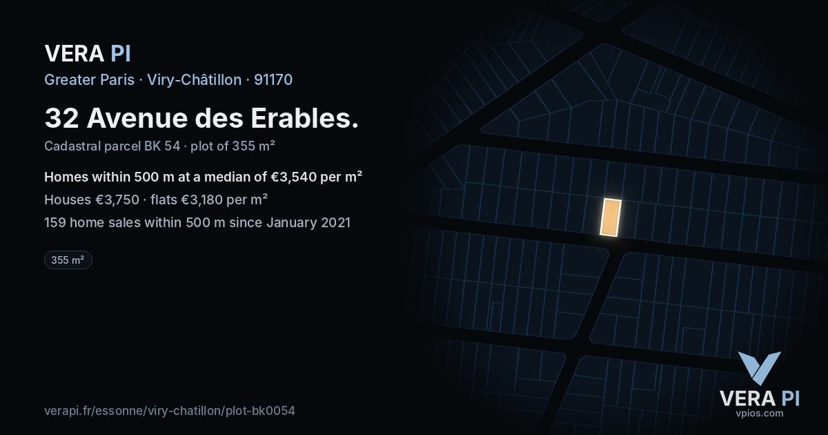 32 Avenue des Erables, Viry-Châtillon at night – the plot lit, the parcels around coloured by the prices near them