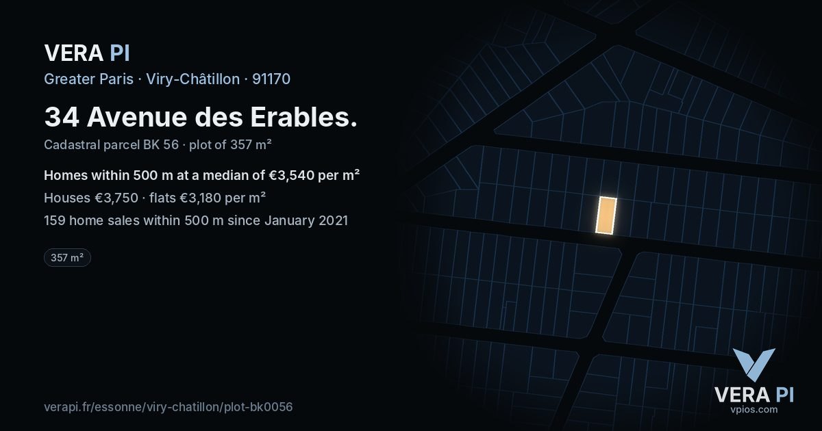 34 Avenue des Erables, Viry-Châtillon at night – the plot lit, the parcels around coloured by the prices near them