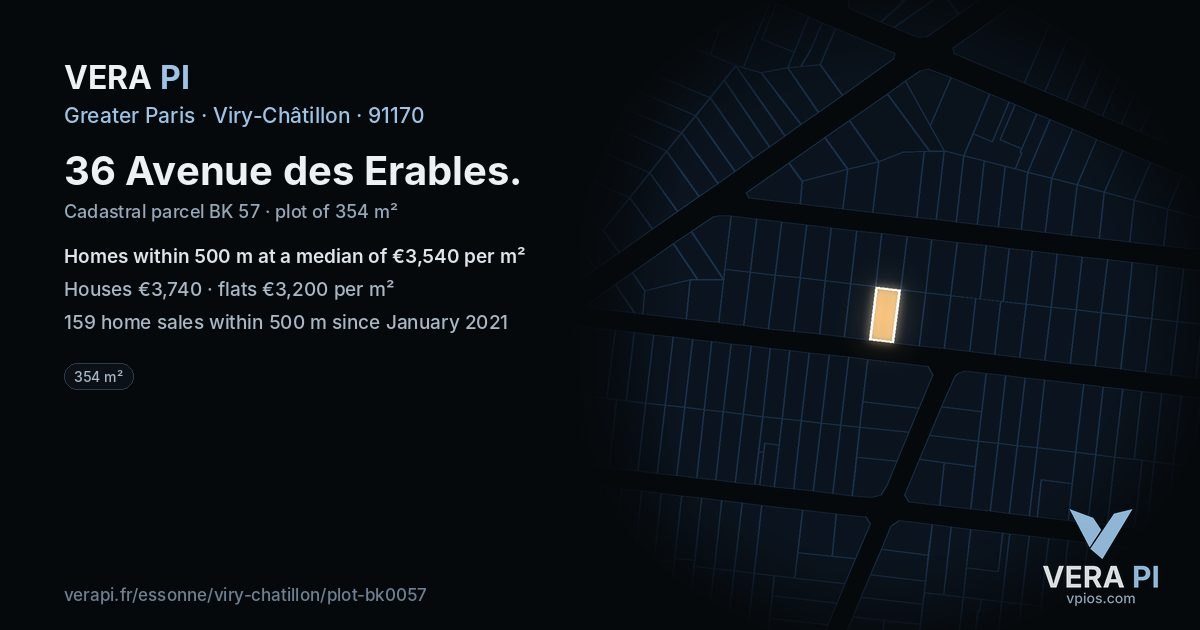 36 Avenue des Erables, Viry-Châtillon at night – the plot lit, the parcels around coloured by the prices near them