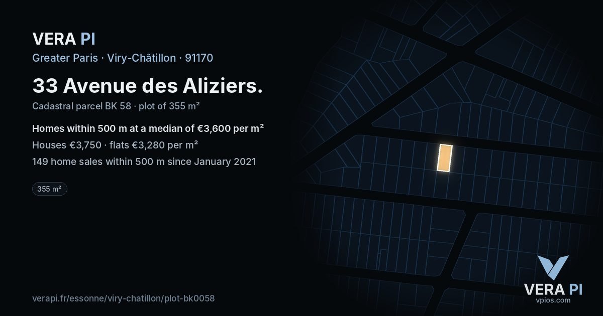 33 Avenue des Aliziers, Viry-Châtillon at night – the plot lit, the parcels around coloured by the prices near them