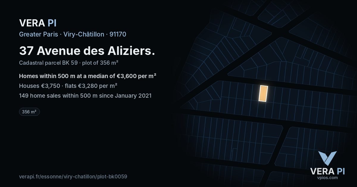 37 Avenue des Aliziers, Viry-Châtillon at night – the plot lit, the parcels around coloured by the prices near them