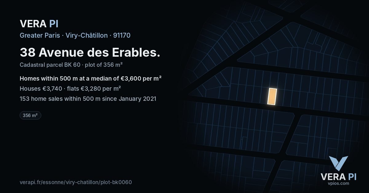 38 Avenue des Erables, Viry-Châtillon at night – the plot lit, the parcels around coloured by the prices near them