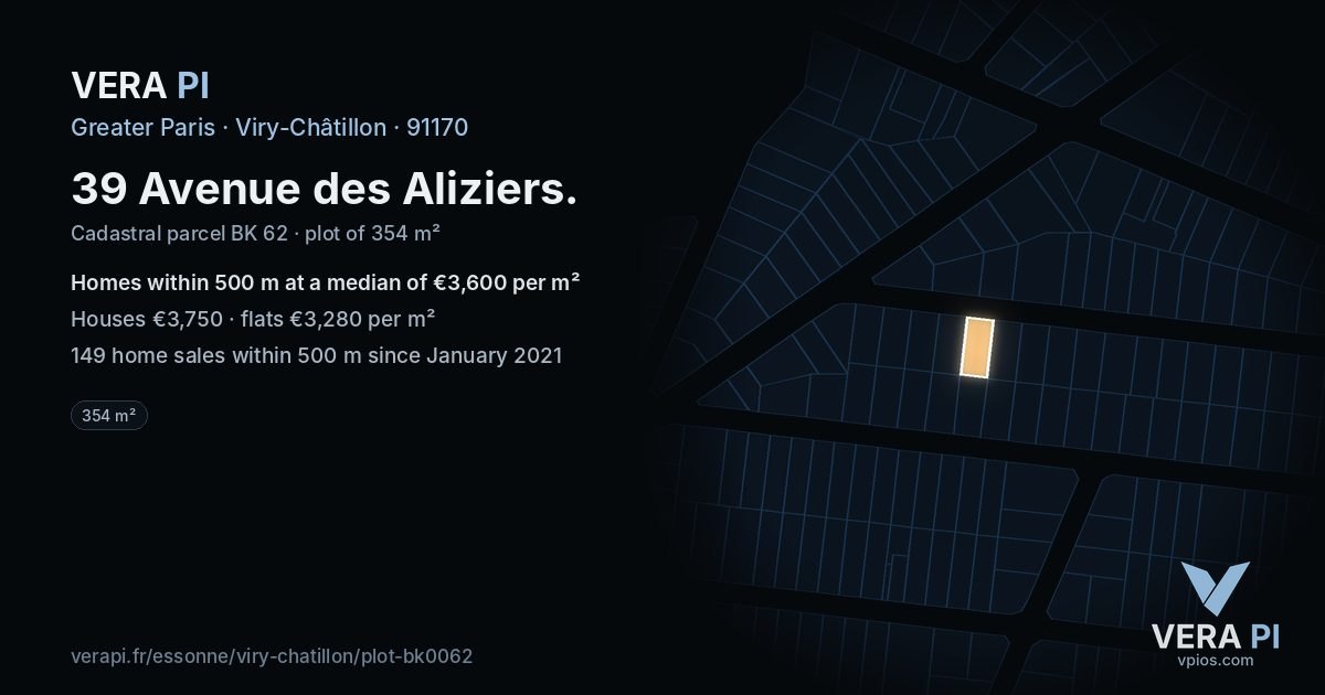 39 Avenue des Aliziers, Viry-Châtillon at night – the plot lit, the parcels around coloured by the prices near them