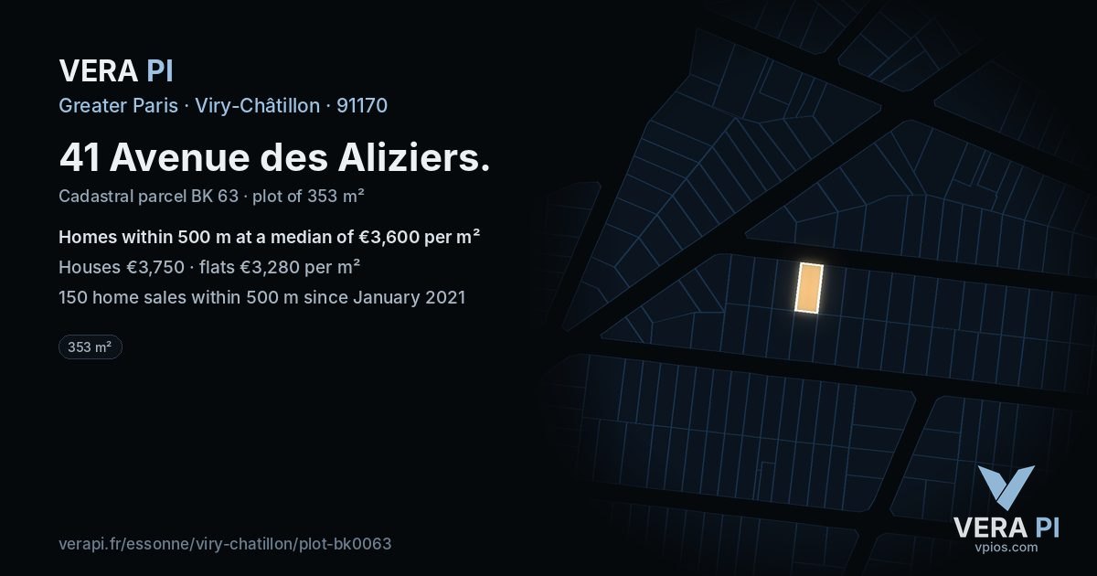 41 Avenue des Aliziers, Viry-Châtillon at night – the plot lit, the parcels around coloured by the prices near them