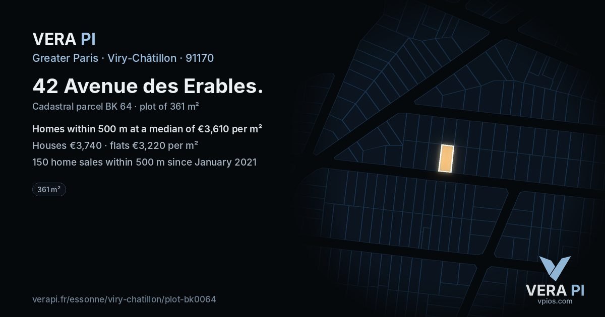 42 Avenue des Erables, Viry-Châtillon at night – the plot lit, the parcels around coloured by the prices near them