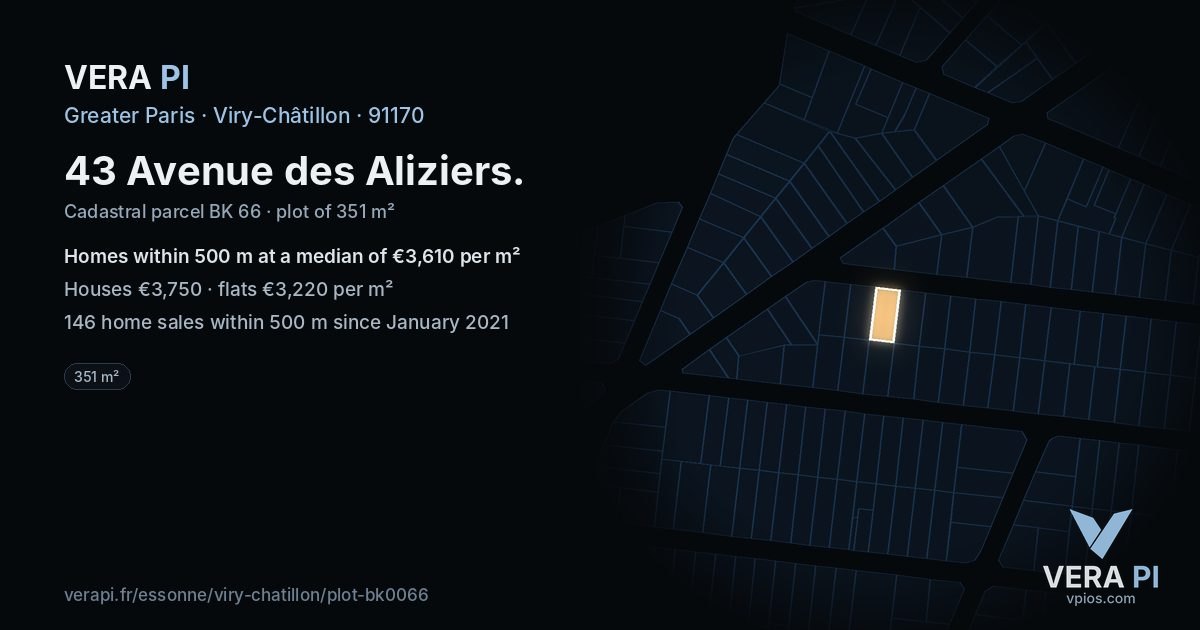 43 Avenue des Aliziers, Viry-Châtillon at night – the plot lit, the parcels around coloured by the prices near them