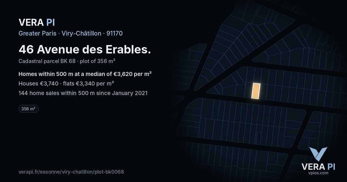 46 Avenue des Erables, Viry-Châtillon at night – the plot lit, the parcels around coloured by the prices near them