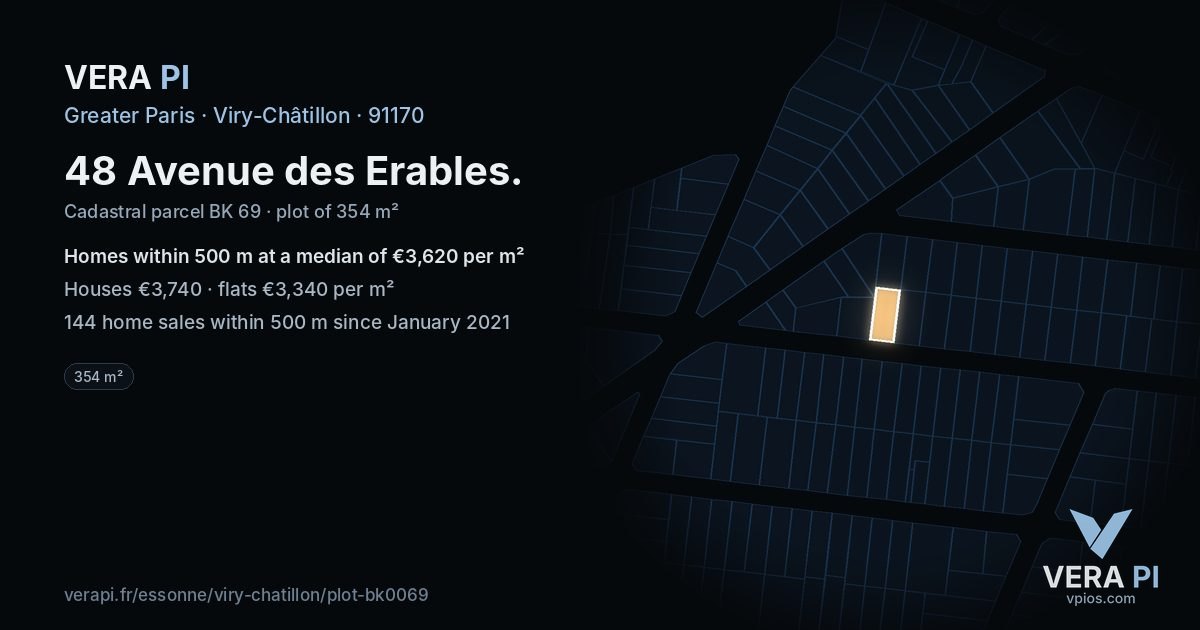 48 Avenue des Erables, Viry-Châtillon at night – the plot lit, the parcels around coloured by the prices near them