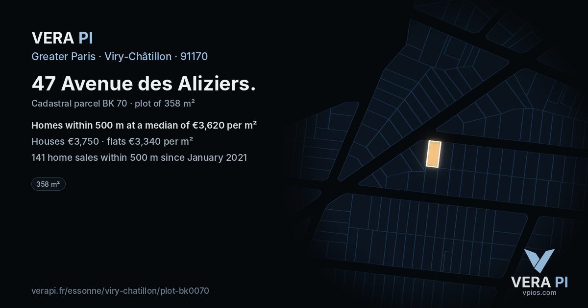47 Avenue des Aliziers, Viry-Châtillon at night – the plot lit, the parcels around coloured by the prices near them