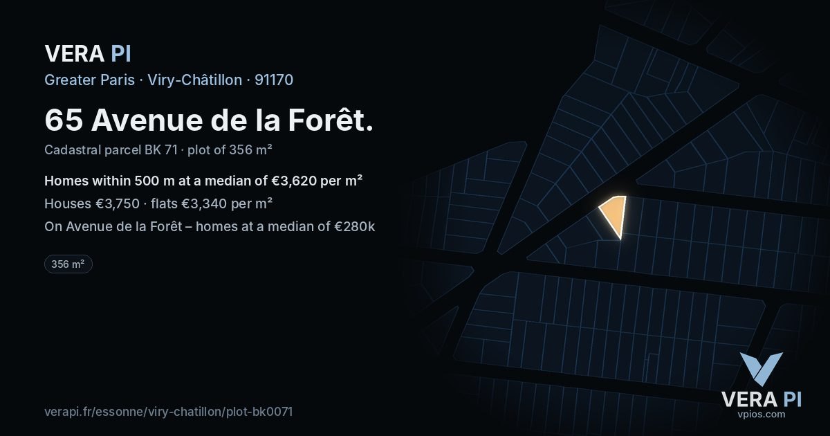 65 Avenue de la Forêt, Viry-Châtillon at night – the plot lit, the parcels around coloured by the prices near them