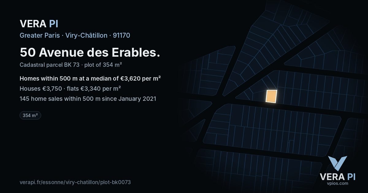 50 Avenue des Erables, Viry-Châtillon at night – the plot lit, the parcels around coloured by the prices near them
