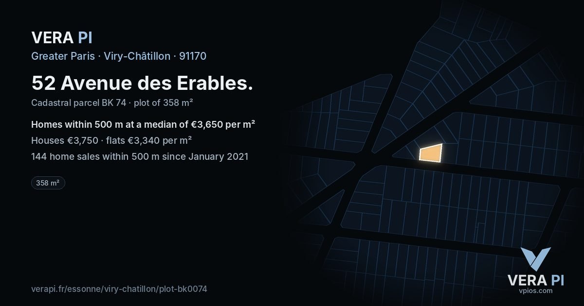 52 Avenue des Erables, Viry-Châtillon at night – the plot lit, the parcels around coloured by the prices near them