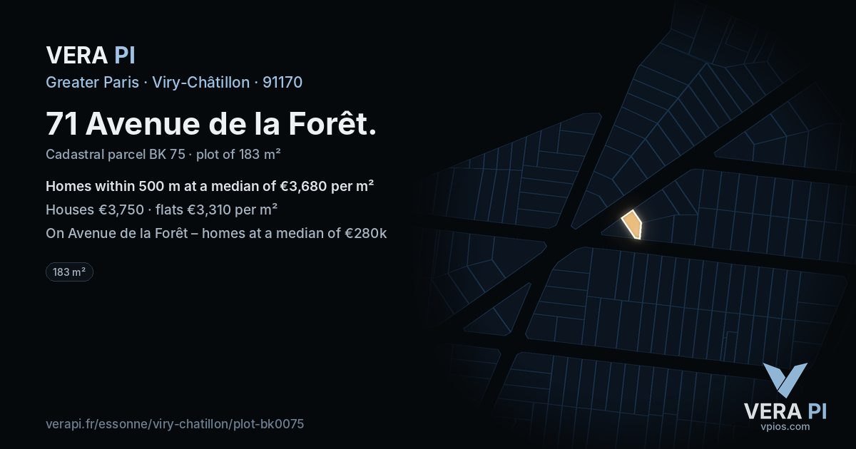 71 Avenue de la Forêt, Viry-Châtillon at night – the plot lit, the parcels around coloured by the prices near them
