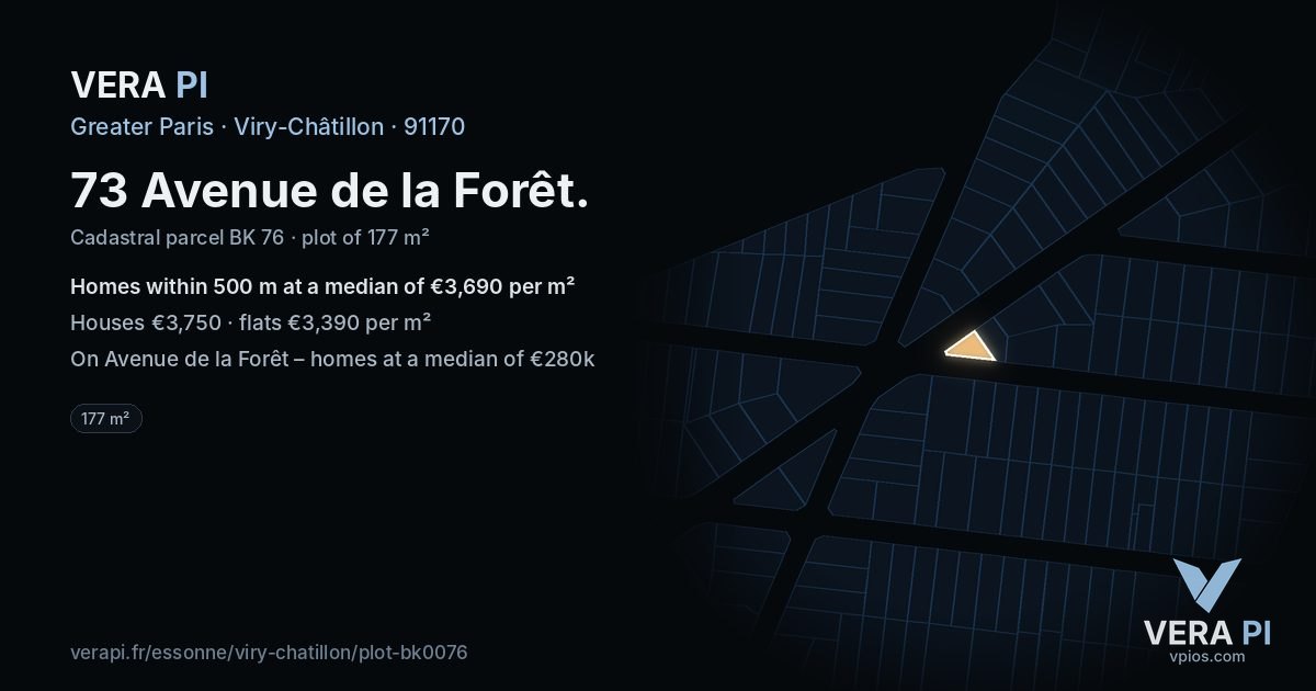 73 Avenue de la Forêt, Viry-Châtillon at night – the plot lit, the parcels around coloured by the prices near them