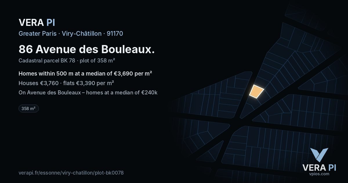 86 Avenue des Bouleaux, Viry-Châtillon at night – the plot lit, the parcels around coloured by the prices near them