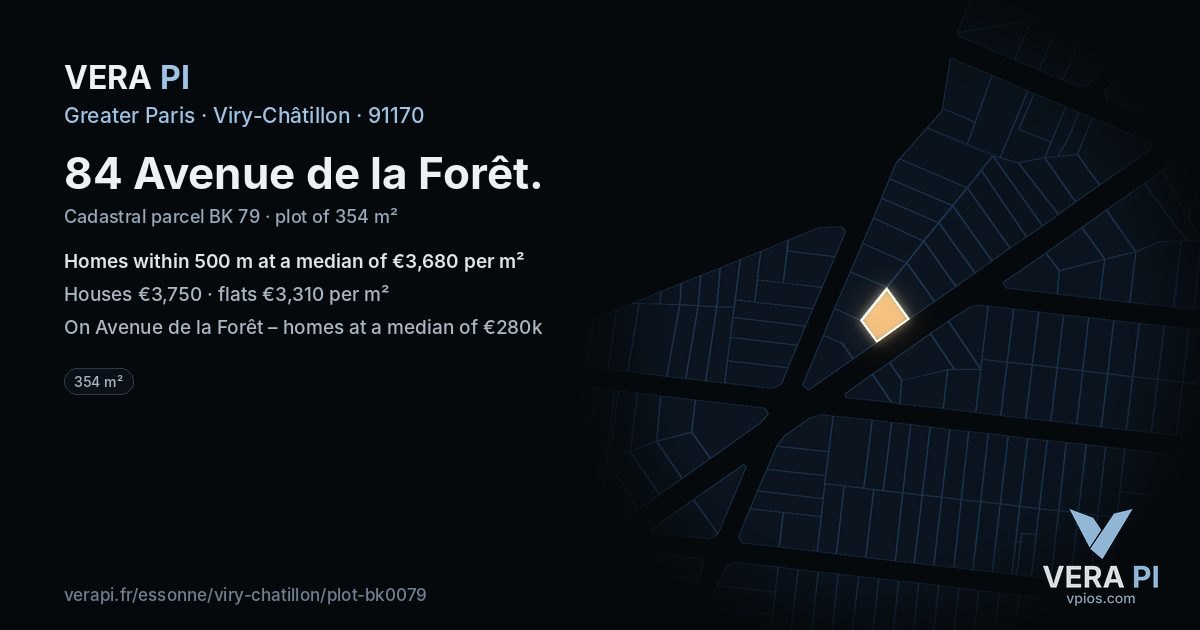 84 Avenue de la Forêt, Viry-Châtillon at night – the plot lit, the parcels around coloured by the prices near them