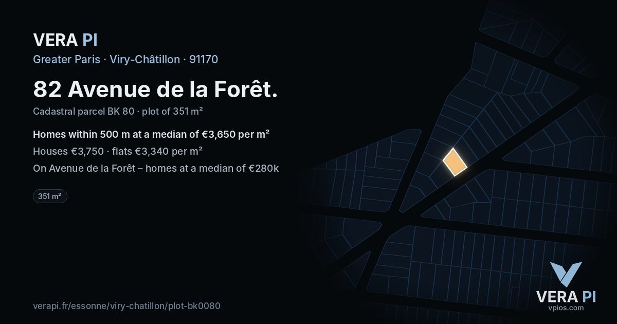 82 Avenue de la Forêt, Viry-Châtillon at night – the plot lit, the parcels around coloured by the prices near them