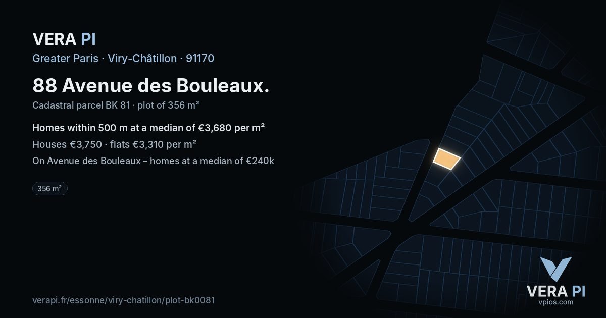 88 Avenue des Bouleaux, Viry-Châtillon at night – the plot lit, the parcels around coloured by the prices near them