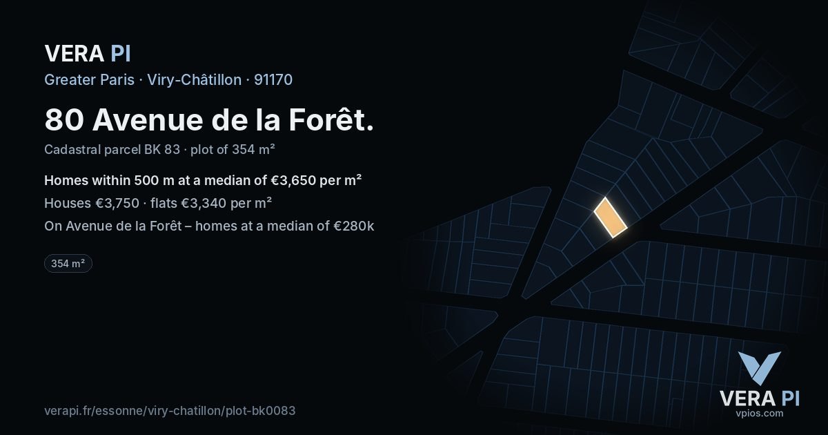 80 Avenue de la Forêt, Viry-Châtillon at night – the plot lit, the parcels around coloured by the prices near them