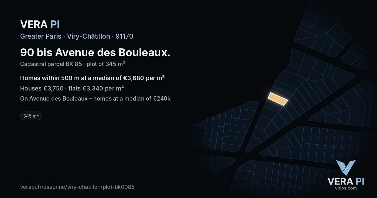 90 bis Avenue des Bouleaux, Viry-Châtillon at night – the plot lit, the parcels around coloured by the prices near them