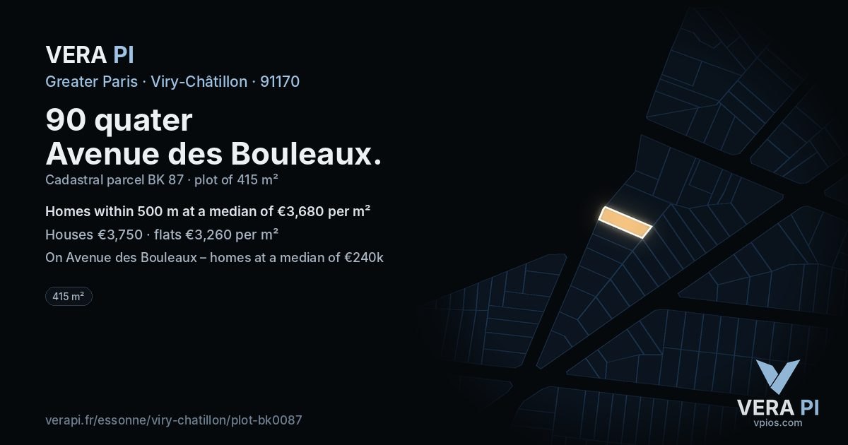 90 quater Avenue des Bouleaux, Viry-Châtillon at night – the plot lit, the parcels around coloured by the prices near them