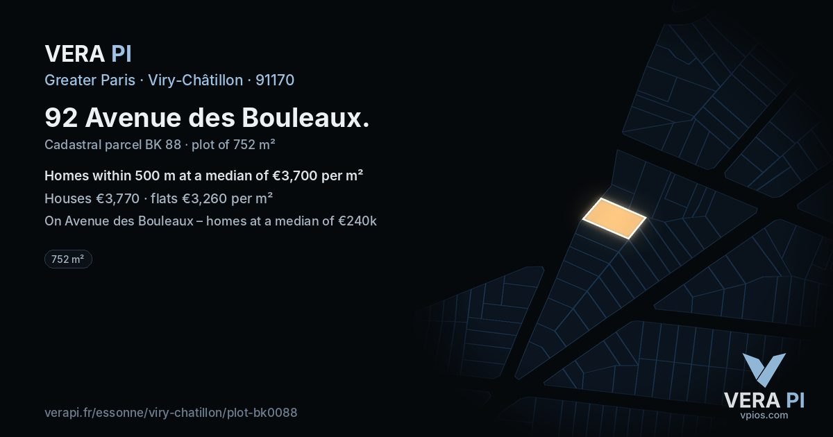 92 Avenue des Bouleaux, Viry-Châtillon at night – the plot lit, the parcels around coloured by the prices near them