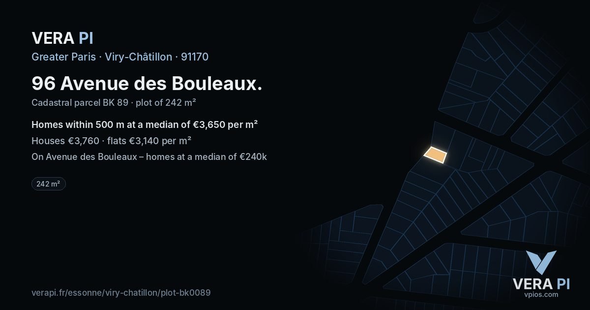 96 Avenue des Bouleaux, Viry-Châtillon at night – the plot lit, the parcels around coloured by the prices near them
