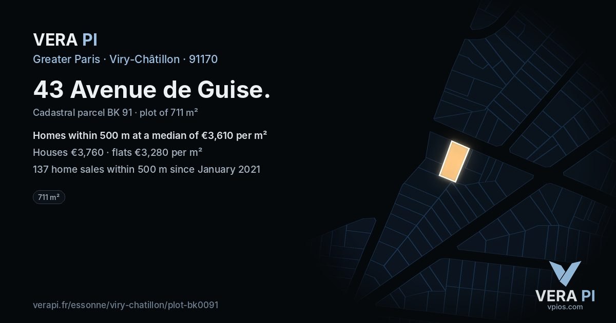 43 Avenue de Guise, Viry-Châtillon at night – the plot lit, the parcels around coloured by the prices near them