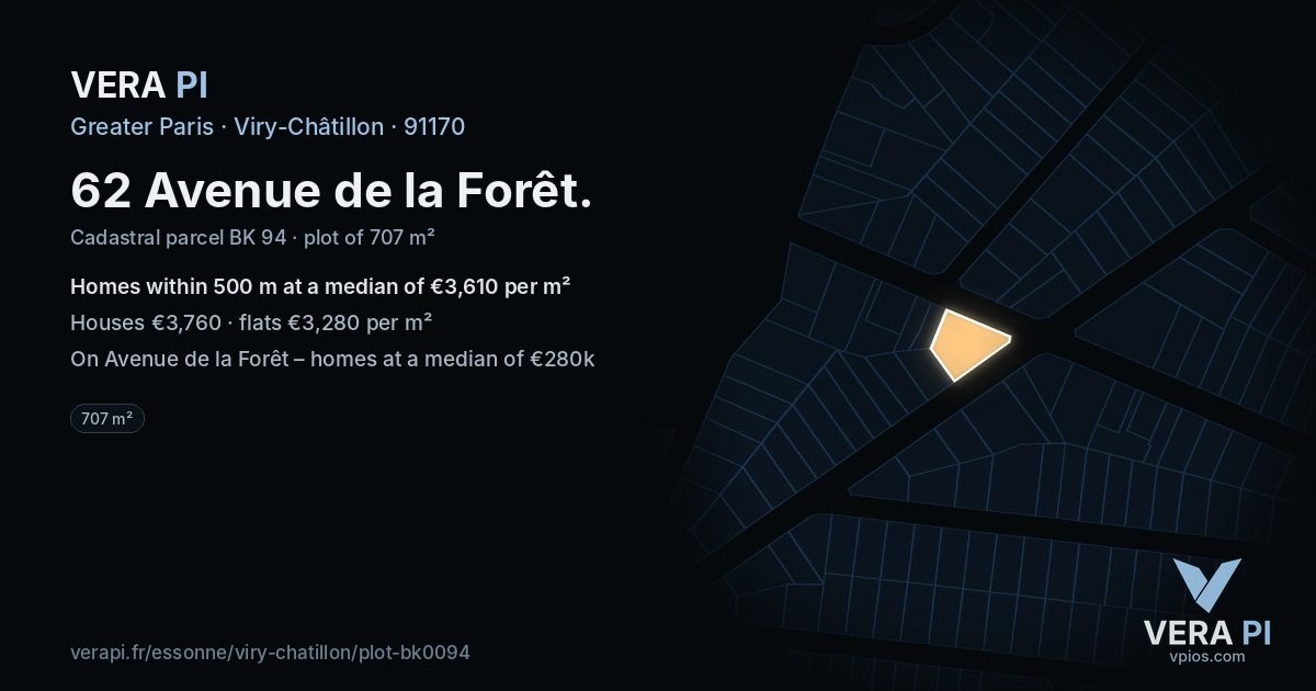 62 Avenue de la Forêt, Viry-Châtillon at night – the plot lit, the parcels around coloured by the prices near them