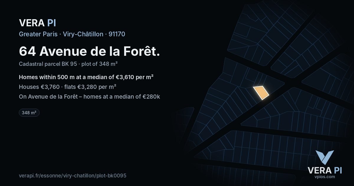 64 Avenue de la Forêt, Viry-Châtillon at night – the plot lit, the parcels around coloured by the prices near them