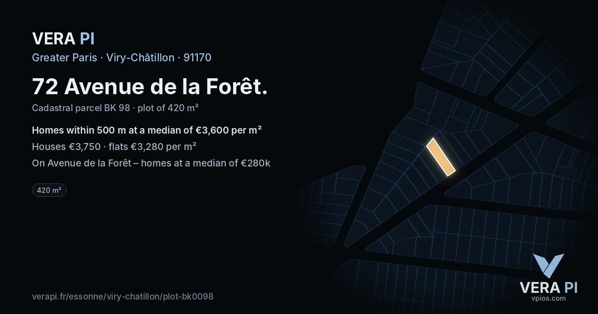 72 Avenue de la Forêt, Viry-Châtillon at night – the plot lit, the parcels around coloured by the prices near them