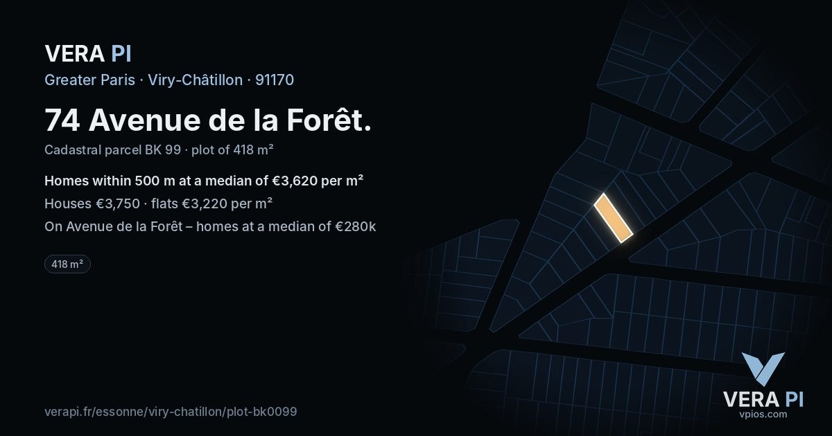 74 Avenue de la Forêt, Viry-Châtillon at night – the plot lit, the parcels around coloured by the prices near them
