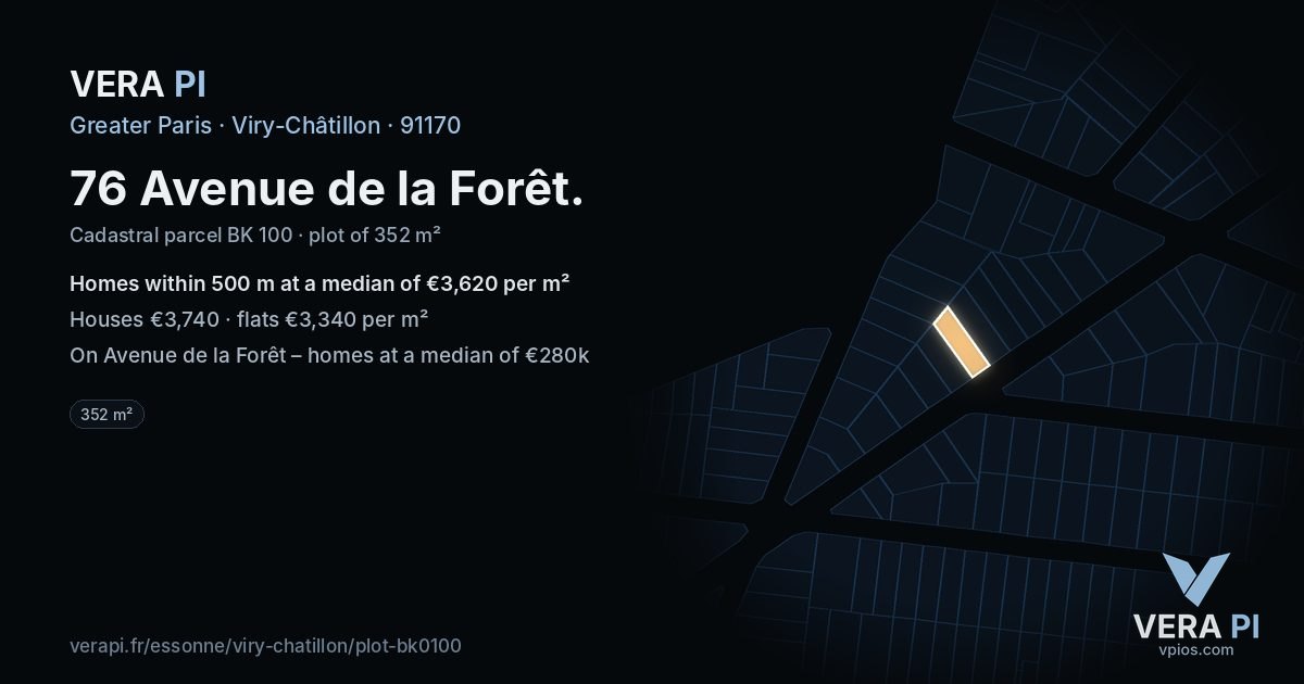 76 Avenue de la Forêt, Viry-Châtillon at night – the plot lit, the parcels around coloured by the prices near them