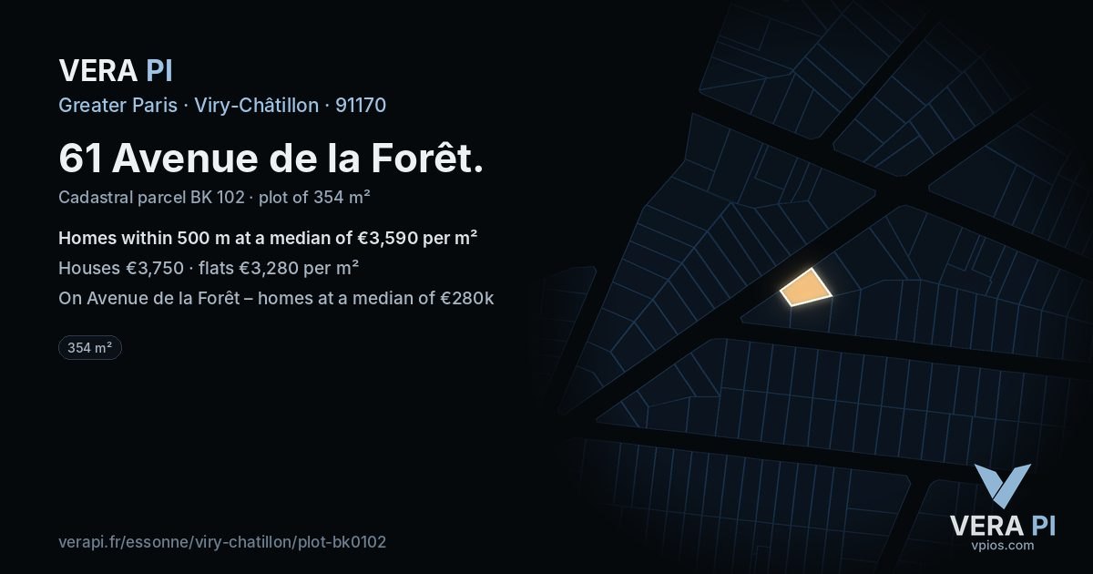 61 Avenue de la Forêt, Viry-Châtillon at night – the plot lit, the parcels around coloured by the prices near them
