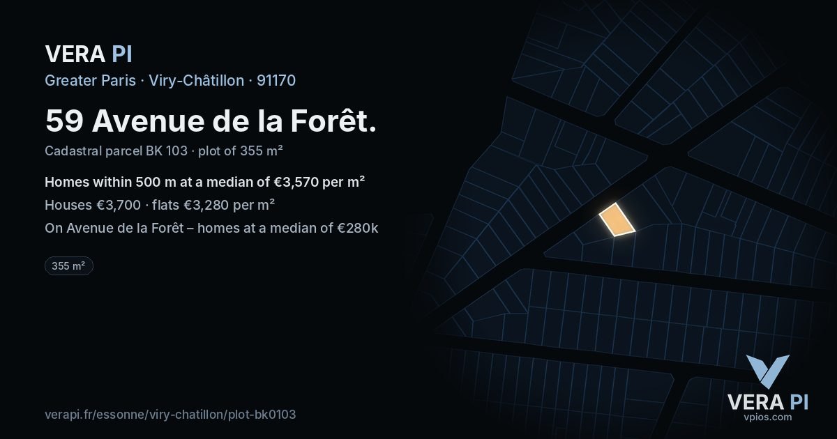 59 Avenue de la Forêt, Viry-Châtillon at night – the plot lit, the parcels around coloured by the prices near them
