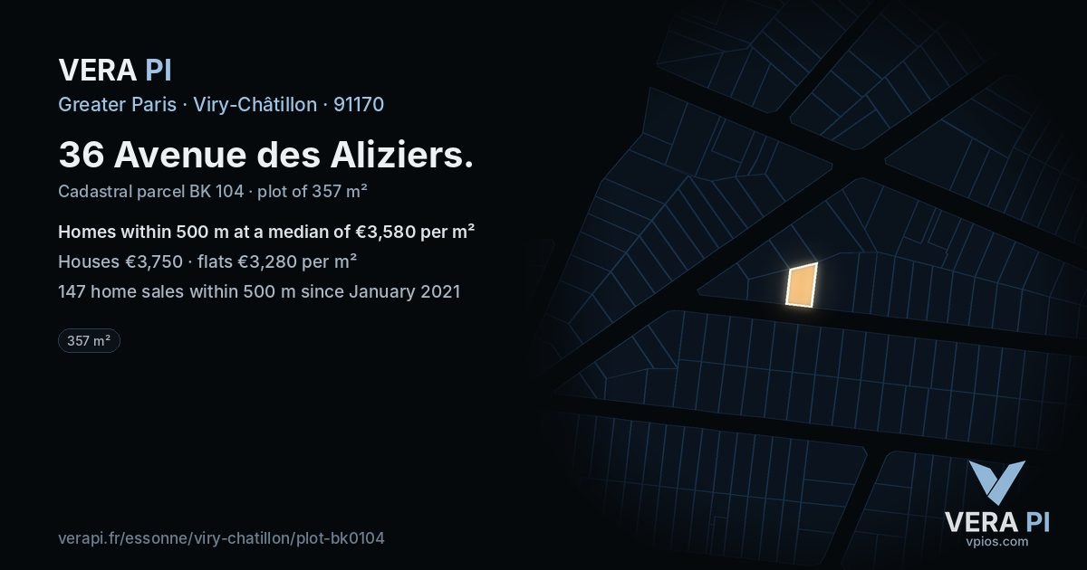 36 Avenue des Aliziers, Viry-Châtillon at night – the plot lit, the parcels around coloured by the prices near them