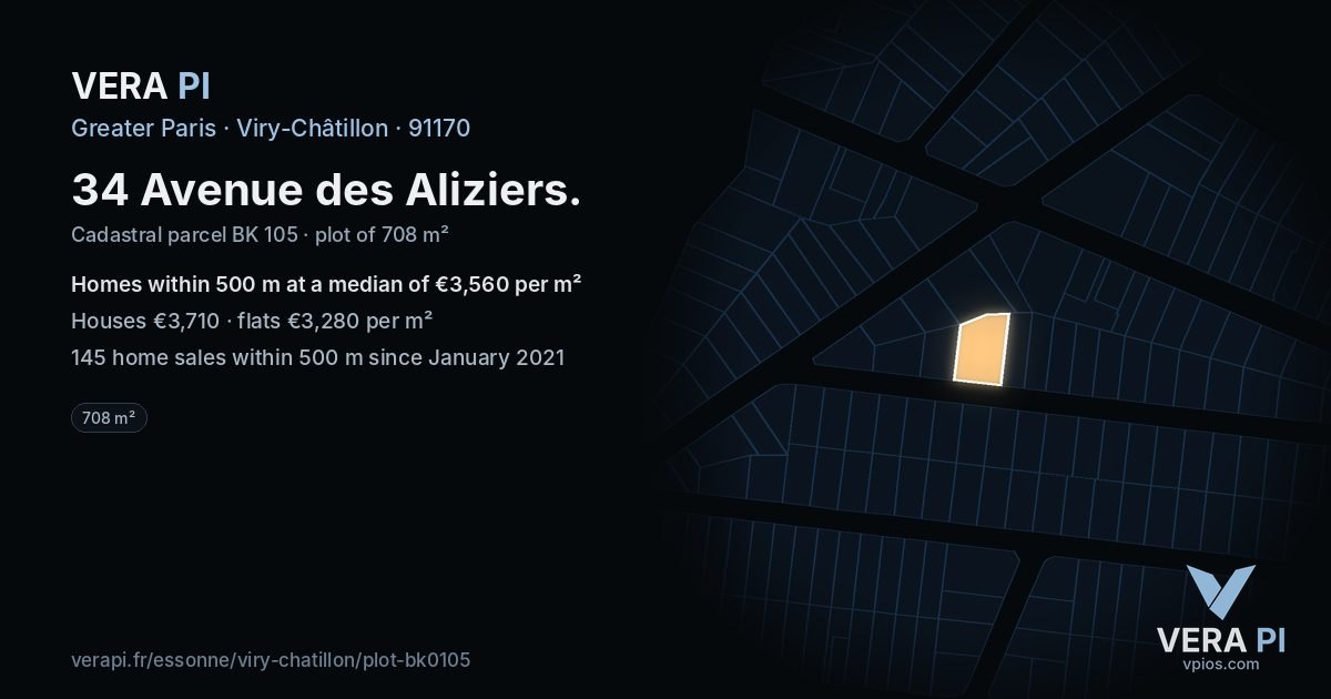 34 Avenue des Aliziers, Viry-Châtillon at night – the plot lit, the parcels around coloured by the prices near them