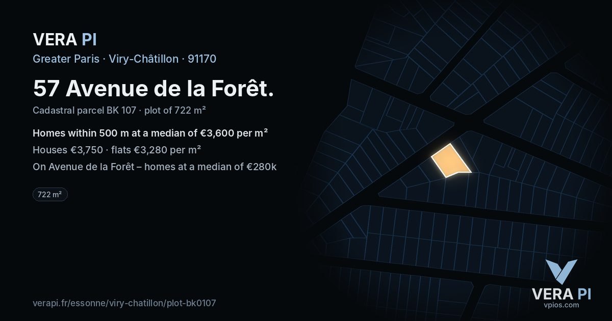 57 Avenue de la Forêt, Viry-Châtillon at night – the plot lit, the parcels around coloured by the prices near them