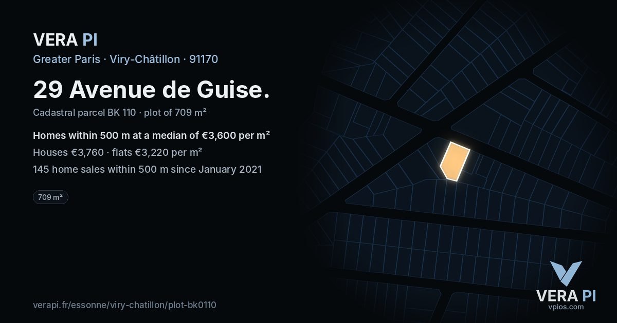 29 Avenue de Guise, Viry-Châtillon at night – the plot lit, the parcels around coloured by the prices near them