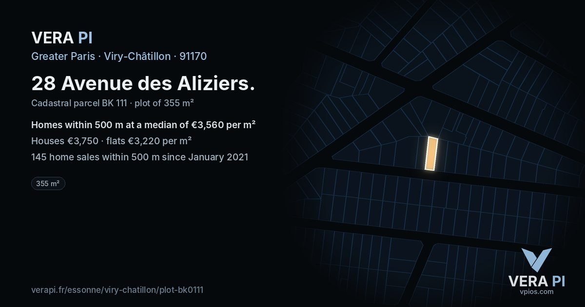 28 Avenue des Aliziers, Viry-Châtillon at night – the plot lit, the parcels around coloured by the prices near them