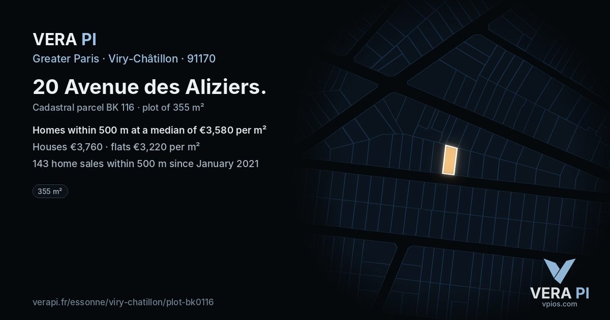 20 Avenue des Aliziers, Viry-Châtillon at night – the plot lit, the parcels around coloured by the prices near them