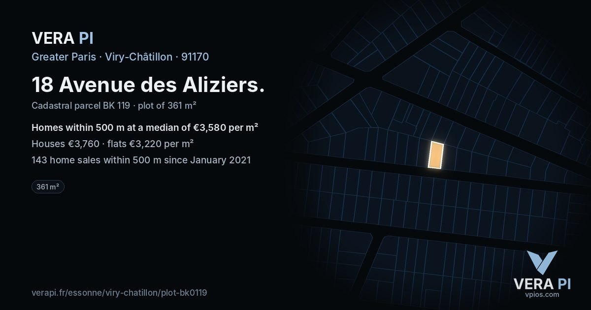 18 Avenue des Aliziers, Viry-Châtillon at night – the plot lit, the parcels around coloured by the prices near them
