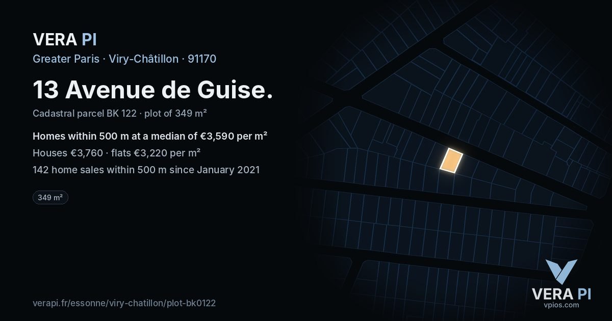 13 Avenue de Guise, Viry-Châtillon at night – the plot lit, the parcels around coloured by the prices near them
