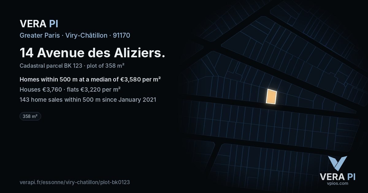14 Avenue des Aliziers, Viry-Châtillon at night – the plot lit, the parcels around coloured by the prices near them